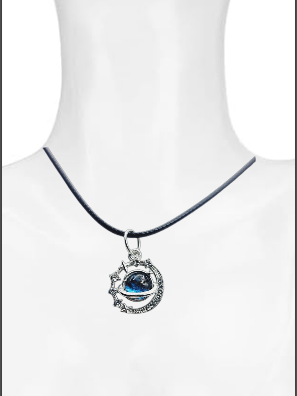 Silver Planet Pendant w/ Blue Glass Orb & Cord Necklace NWOT
